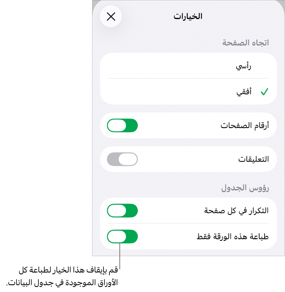 خيارات الطباعة الخاصة باختيار اتجاه الصفحة، وإظهار أرقام الصفحات ورؤوسها، واختيار حجم الورقة والصفحات المطلوب طباعتها.