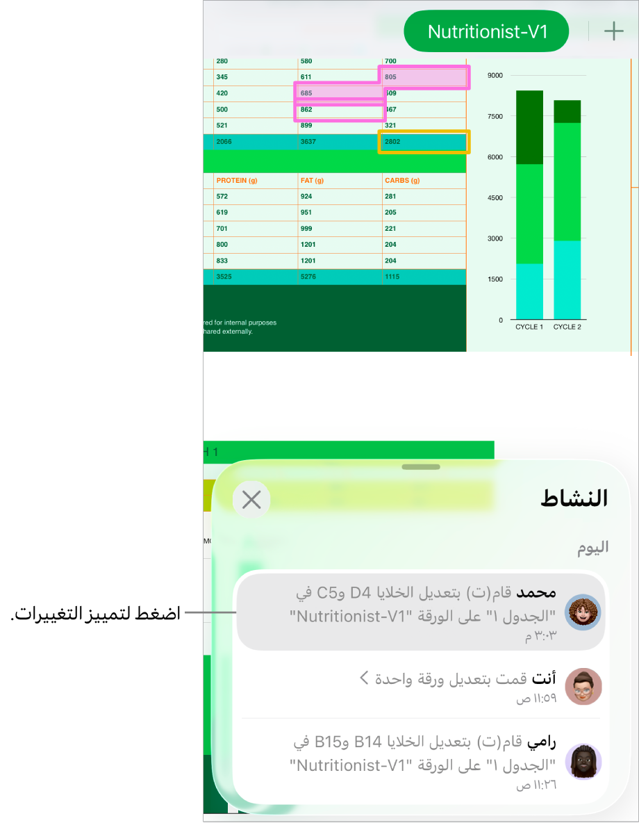 جدول بيانات تعاوني مفتوح عليه كل من قائمة التعاون وقائمة الأنشطة.