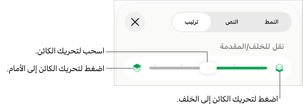 زر تحريك للخلف، وزر تحريك للأمام، وشريط تمرير الطبقة.
