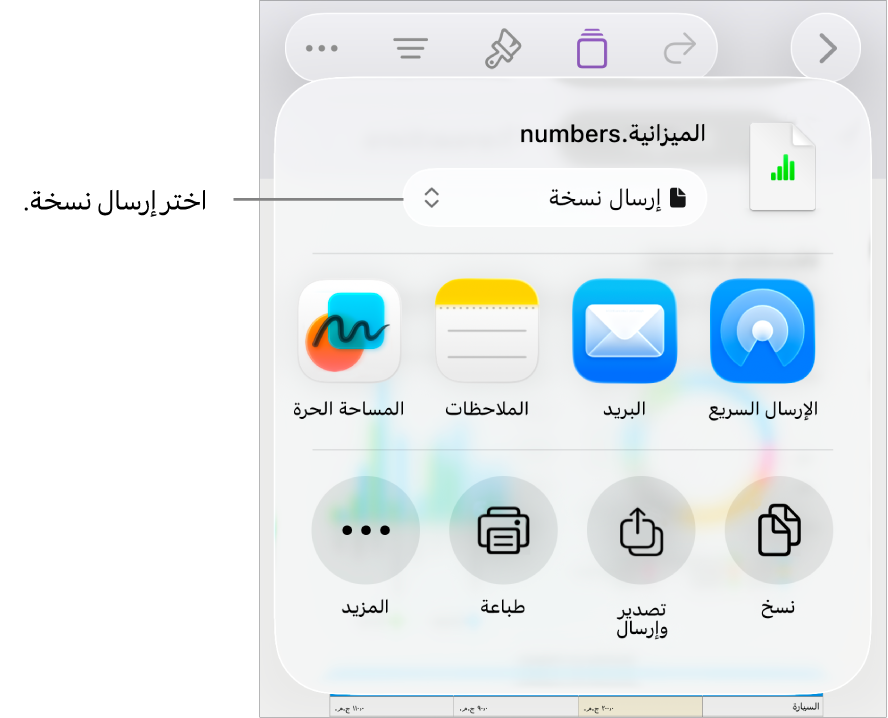 القائمة مشاركة حيث يظهر بها الخيار إرسال نسخة محددًا في الجزء العلوي.