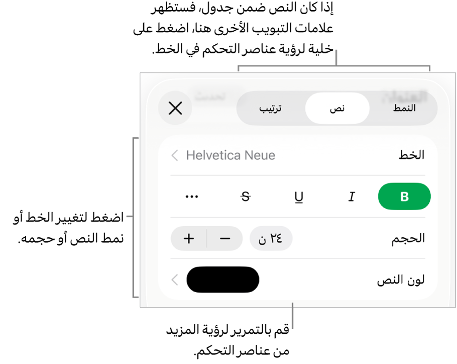 عناصر التحكم في النص في قائمة التنسيق لإعداد أنماط الأحرف والفقرات، والخط، والحجم، واللون.