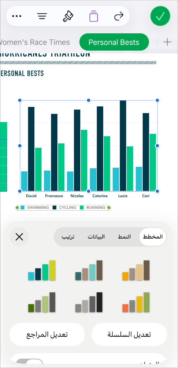 مخطط دائري يعرض النسب المئوية للمسارات المكتملة. قائمة التنسيق مفتوحة أيضًا، وتعرض أنماطًا مختلفة للمخطط للاختيار من بينها وكذلك خيارات لتعديل مراجع السلسلة أو المخطط وتشغيل عنوان المخطط أو إيقافه.