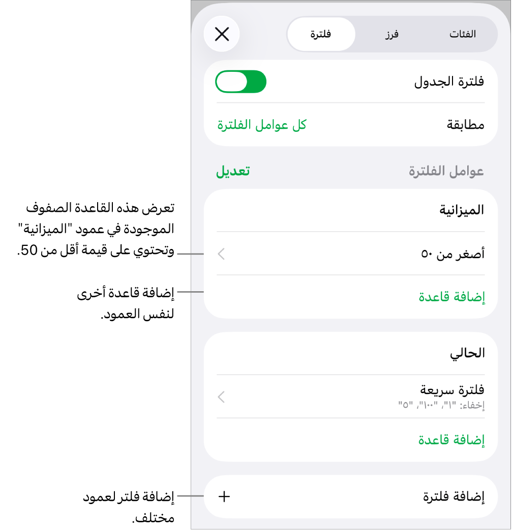 عناصر التحكم لإضافة قواعد تصفية جديدة أو تعديل القواعد الموجودة.