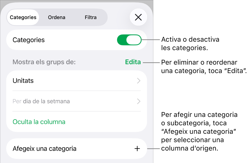 Menú Categories de l’iPhone amb opcions per desactivar categories, eliminar categories, agrupar dades, ocultar la columna d’origen i afegir categories.
