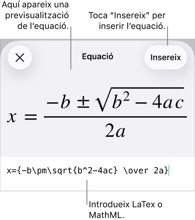 El quadre de diàleg Equació amb una equació escrita amb les ordres MathML i una previsualització de la fórmula al damunt.