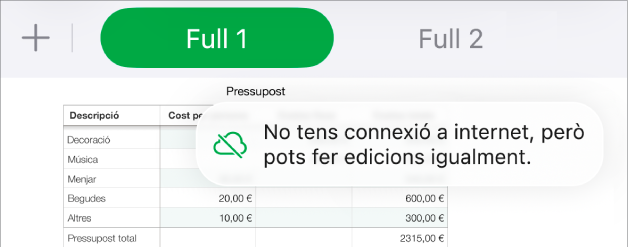 Els botons a la part superior de la pantalla, amb el botó “Col·laboració” canviat a un núvol amb una línia diagonal a sobre. Una alerta a la pantalla amb el missatge “No tens connexió a internet, però pots fer edicions igualment”.