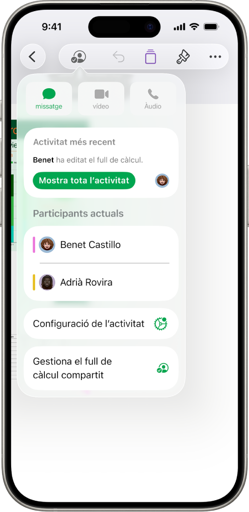 El menú “Col·laboració”, en què es mostren els noms de les persones que col·laboren al full de càlcul.