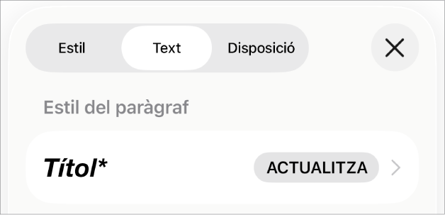 Un estil de paràgraf amb un asterisc al costat i un botó “Actualitza” a la dreta.