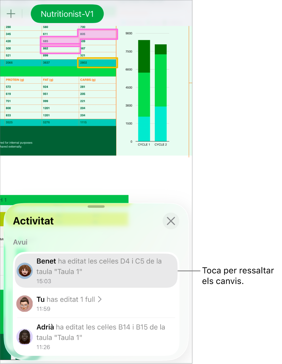 Full de càlcul col·laboratiu amb el menú de col·laboració i la llista d’activitat oberts.