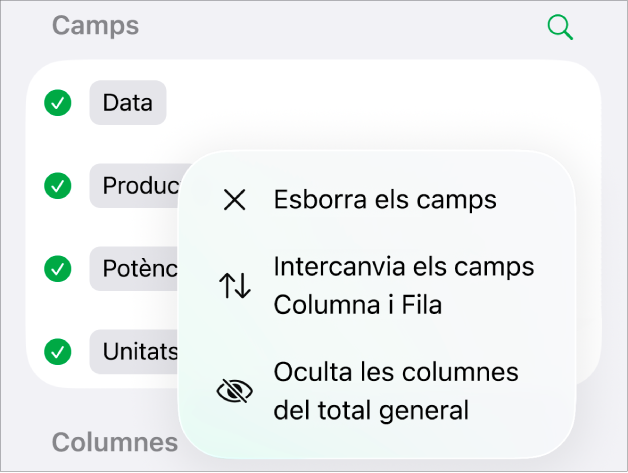 El menú “Més opcions de camp”, que mostra els controls per ocultar les sumes totals, intercanviar els camps de fila i de columna i esborrar els camps.