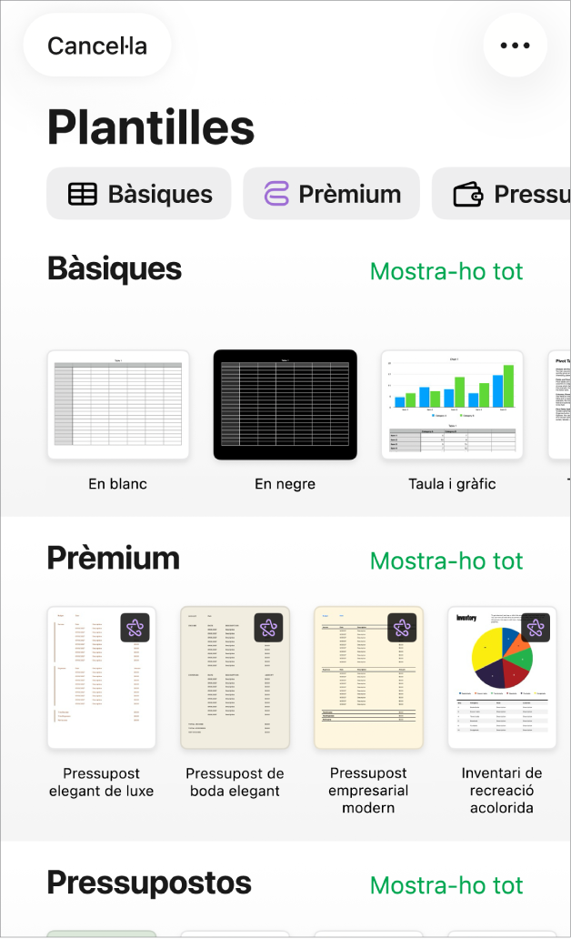 El selector de plantilles, amb una fila de categories a la part superior que pots tocar per filtrar les opcions. A sota hi ha miniatures de plantilles predissenyades ordenades en files per categoria.