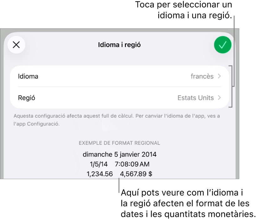 El tauler “Idioma i regió” en què es mostren els controls per a l’idioma i la regió i un exemple de format per a la data, l’hora, els decimals i la moneda.