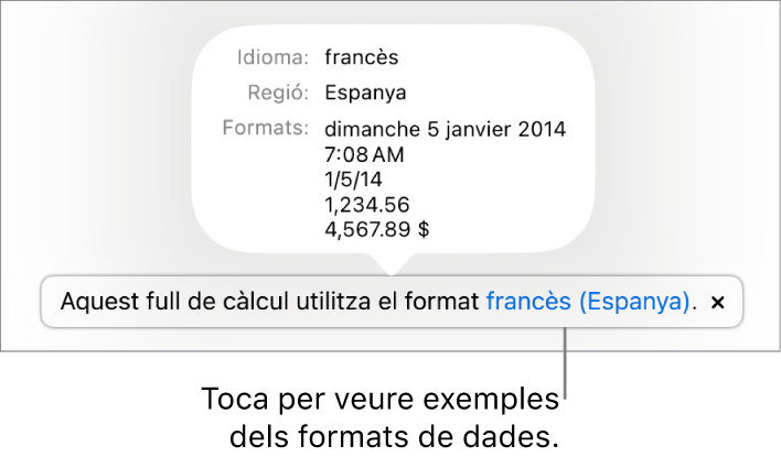 La notificació de la diferència de configuració d’idioma i regió, amb exemples del format d’aquell idioma i regió.