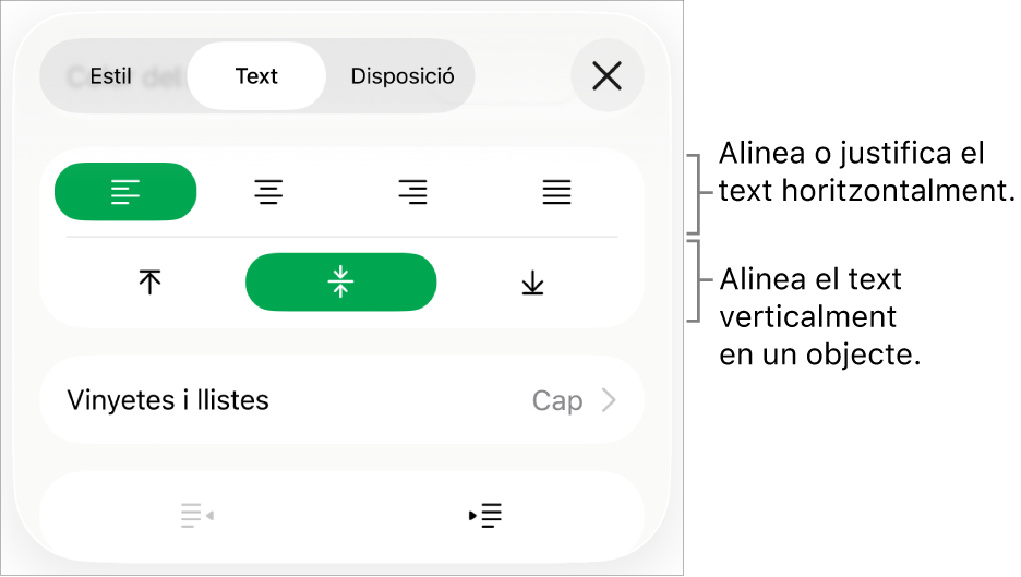 Secció Disposició de l’inspector de format amb referències als botons d’alineació i espaiat de text.