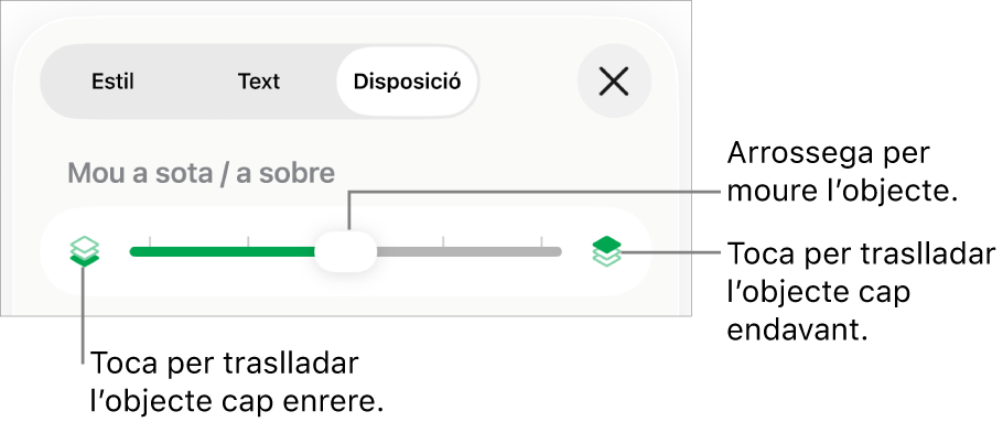 El botó de retrocedir, el botó d’avançar i el regulador de capes.