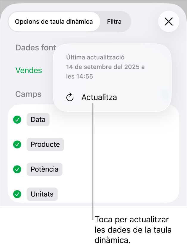 Menú “Opcions de taula dinàmica” que mostra l’opció per actualitzar la taula dinàmica.