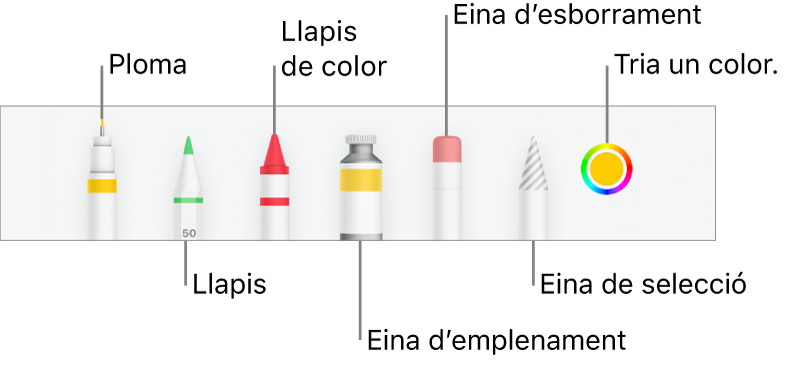 La barra d’eines de dibuix al Numbers de l'iPhone, amb una ploma, un llapis, un llapis de colors, l’eina d’emplenament, l’eina d’esborrament, l’eina de selecció i la paleta de colors que mostra el color actual.