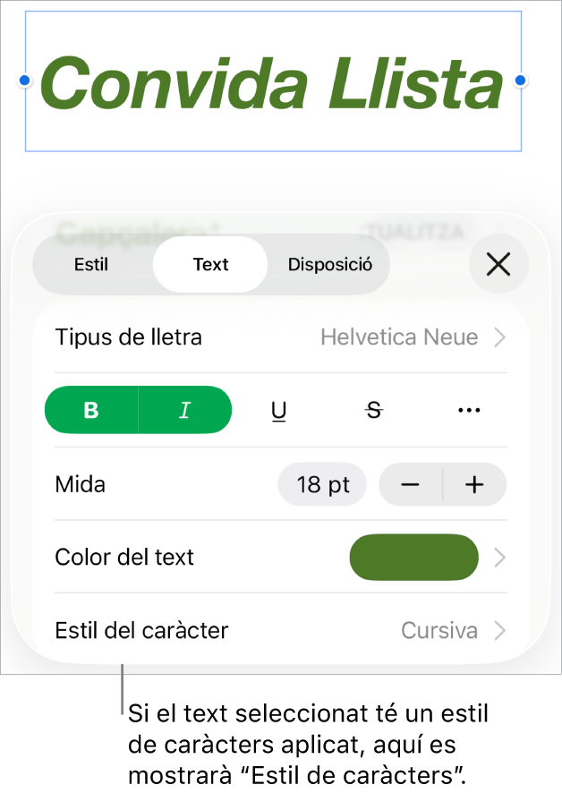 Els controls de format de text amb l’estil de caràcter a sota dels controls de color. L’estil de caràcter Cap amb un asterisc.