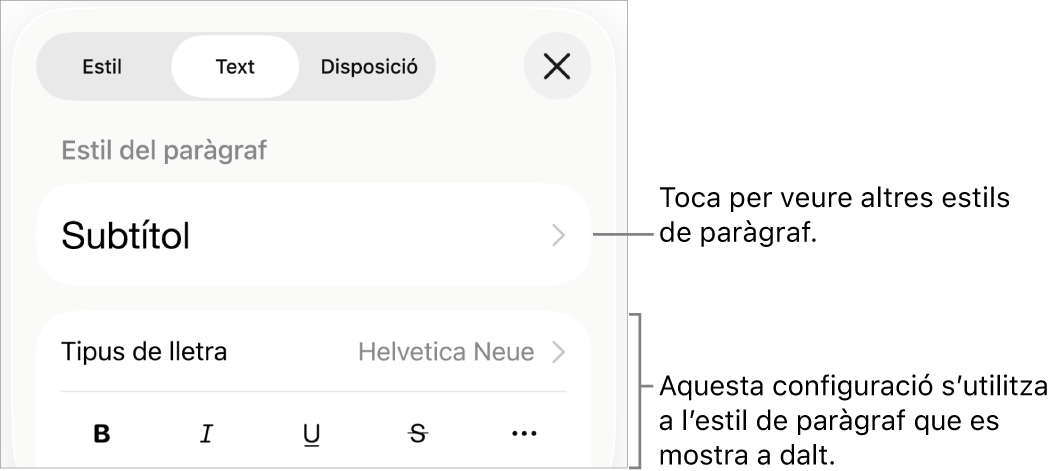 El menú Format amb els controls de text per definir els estils de paràgraf i de caràcter, el tipus de lletra, la mida i el color.