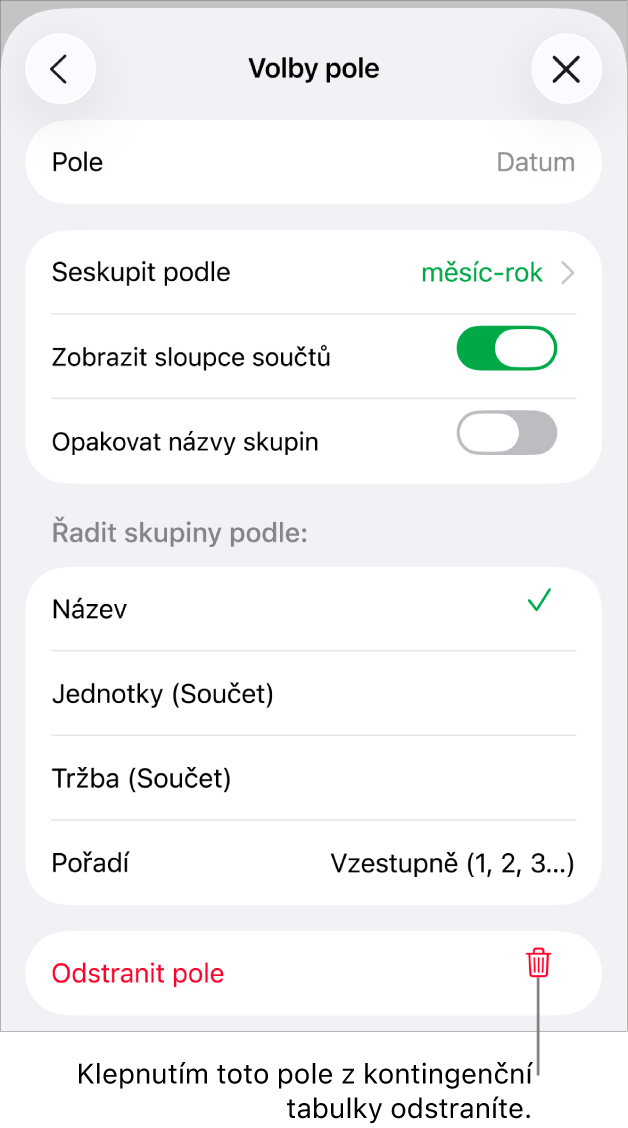 Nabídka „Volby pole“ zobrazující ovládací prvky pro seskupení a řazení dat a také volbu pro odstranění polí.