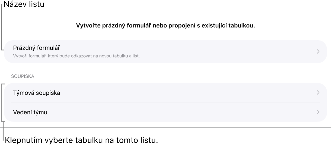 Seznam tabulek ze stejného tabulkového dokumentu, přičemž jako první je uvedena volba pro vytvoření prázdného formuláře