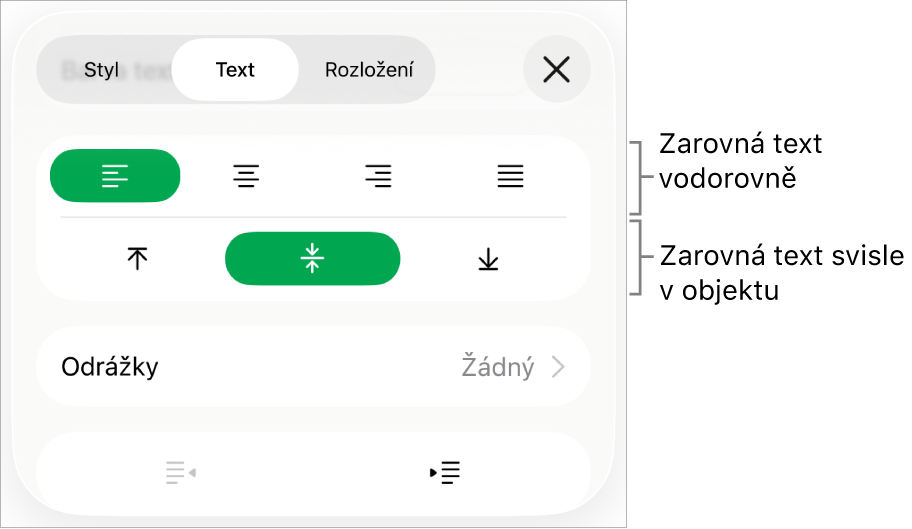 Oddíl Uspořádání v inspektoru formátování s popisky tlačítek zarovnání textu a rozestupů