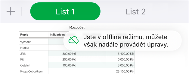 Tlačítka u horního okraje obrazovky, mezi nimiž je tlačítko Spolupráce změněné na ikonu mraku přeškrtnutého diagonální linkou. Na obrazovce se zobrazí upozornění „Jste v offline režimu, můžete však nadále provádět úpravy.“