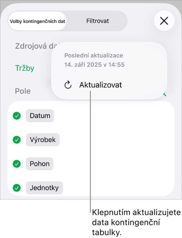 Nabídka „Volby kontingenčních dat“ zobrazující volbu pro aktualizaci kontingenční tabulky