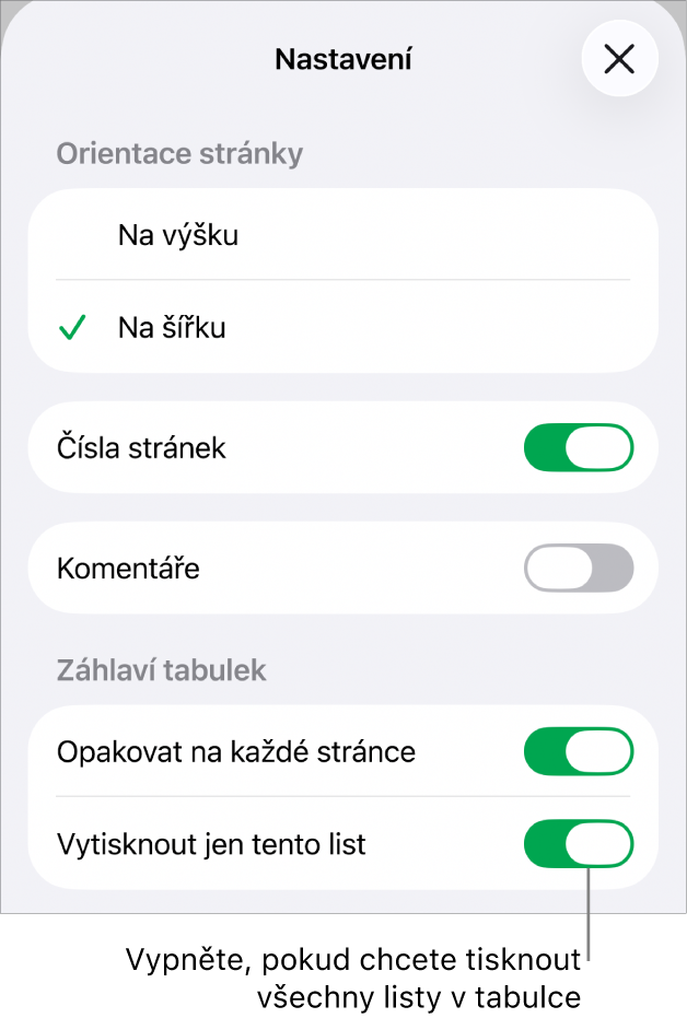 Tiskové volby, umožňující nastavit orientaci stránky, vytisknout čísla a záhlaví stránek, zvolit velikost papíru nebo také vybrat stránky, které se mají tisknout