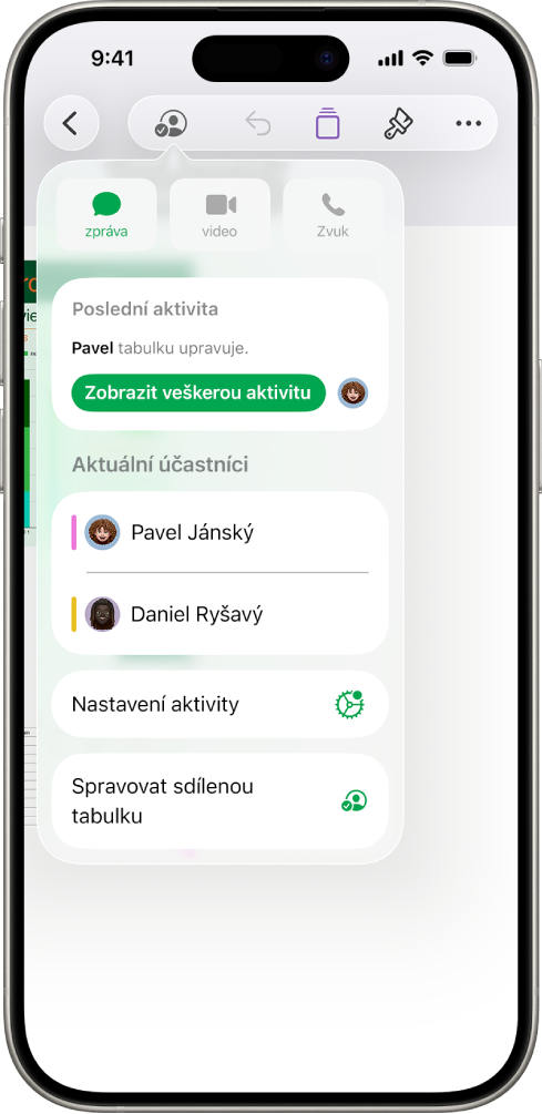 Nabídka spolupráce se zobrazenými jmény uživatelů, kteří na tabulce spolupracují.