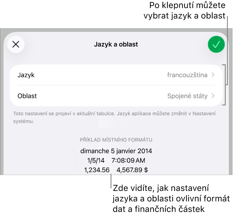 Panel Jazyk a oblast obsahující ovládací prvky pro jazyk a oblast a ukázku formátu, včetně data, času, desetinného oddělovače a měny.