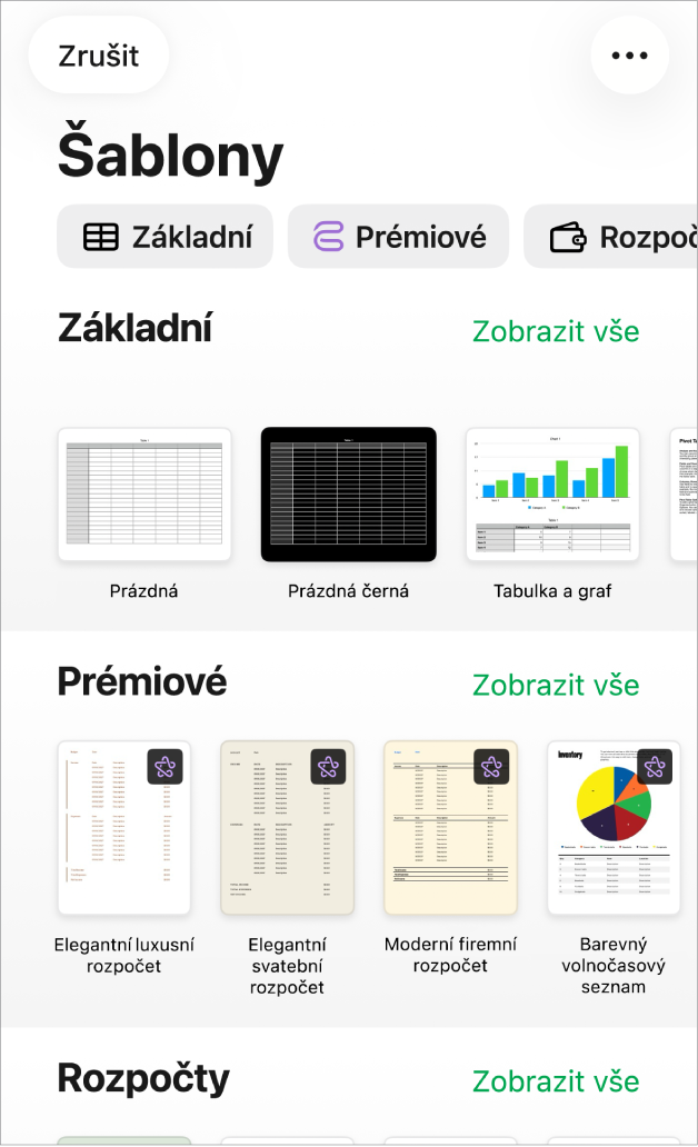 Okno pro výběr šablon s řádkem kategorií u horního okraje; klepnutím na ně můžete filtrovat možnosti pro výběr. Níže jsou miniatury předdefinovaných šablon, uspořádané v řádcích podle kategorií
