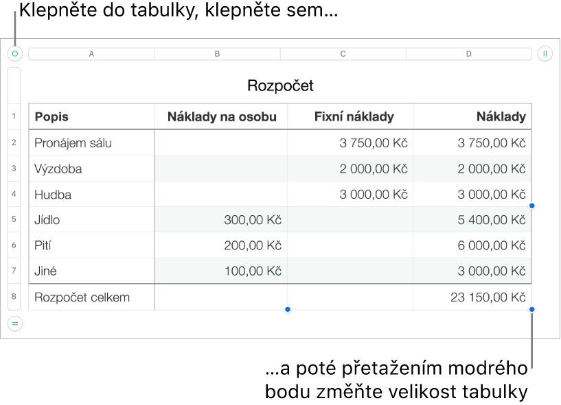 Vybraná tabulka s modrými body pro změnu velikosti