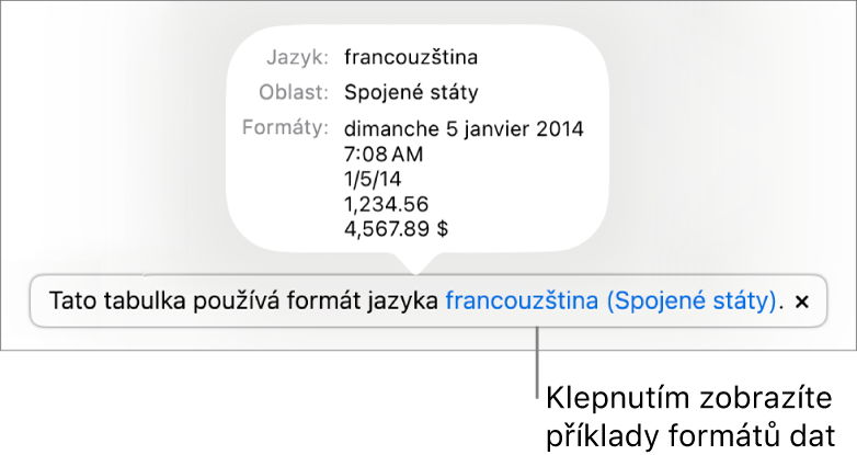 Upozornění na odlišné nastavení jazyka a oblasti s ukázkami formátování pro daný jazyk a oblast