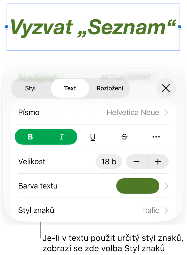 Ovládací prvky formátování textu s nabídkou Styl znaků pod ovládacími prvky v oddílu Barva. Zobrazuje se styl Žádný s hvězdičkou.