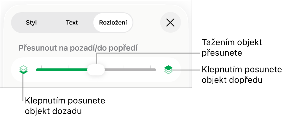 Tlačítko pro přesun vzad, tlačítko pro přesun vpřed a posuvník vrstev
