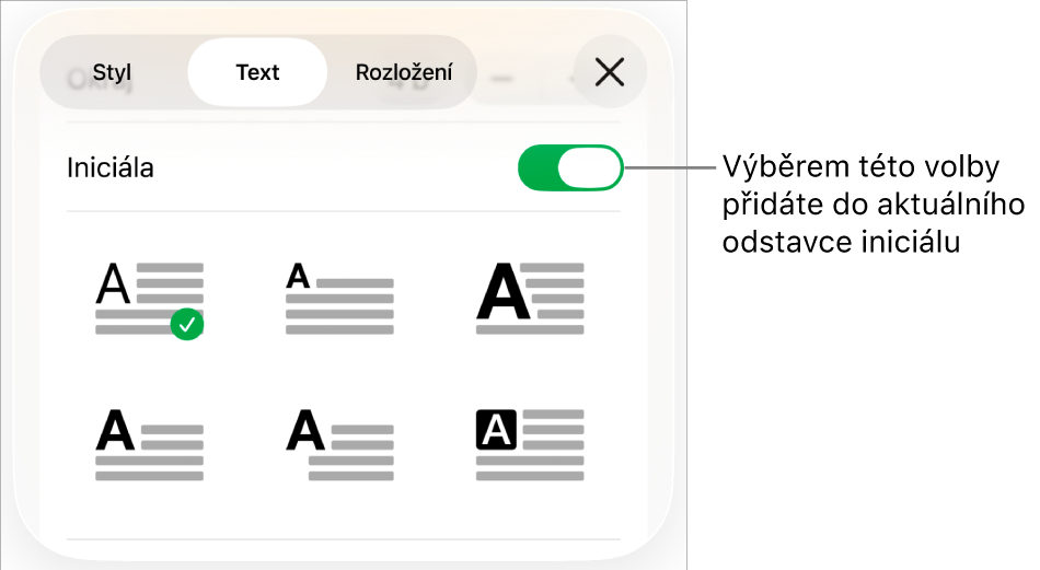Ovládací prvky pro volbu Iniciála v nabídce Text