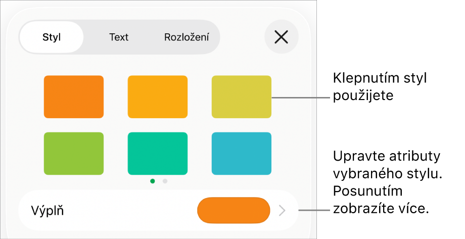 Panel Styl v nabídce Formát se styly objektů u horního okraje; pod nimi jsou ovládací prvky pro změnu výplně