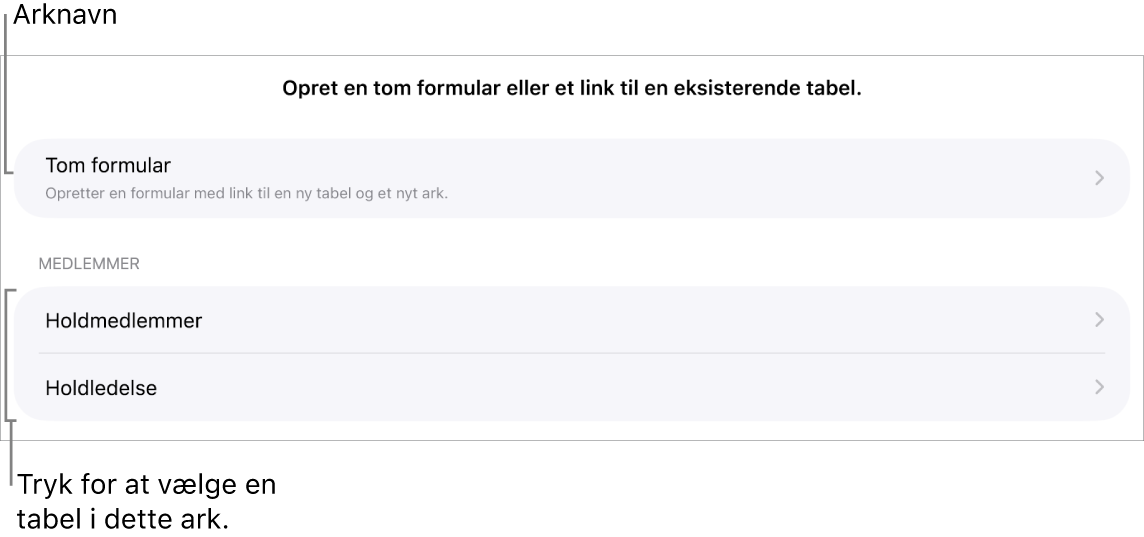 En liste med tabeller, der er i det samme regneark, med indstillingen til oprettelse af en tom formular foroven.