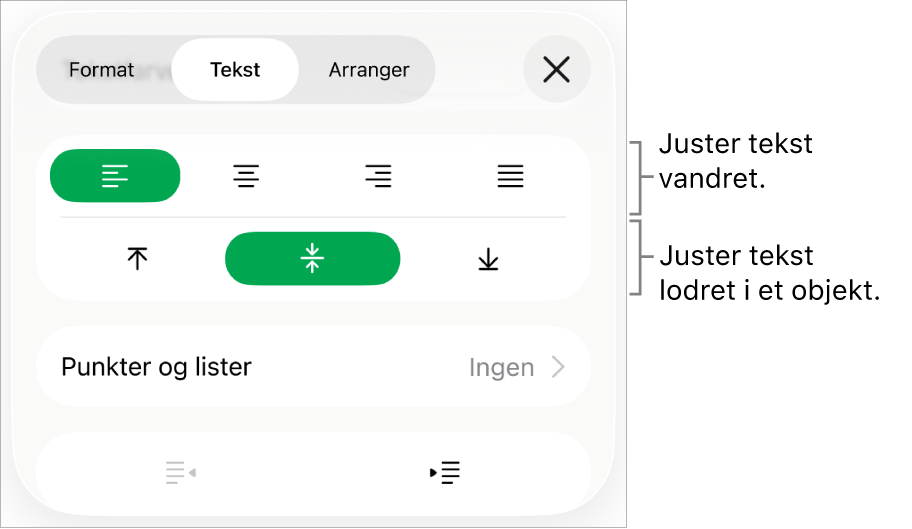 Layout i Info om format med billedforklaringer til knapperne til justering af tekst og afstand.