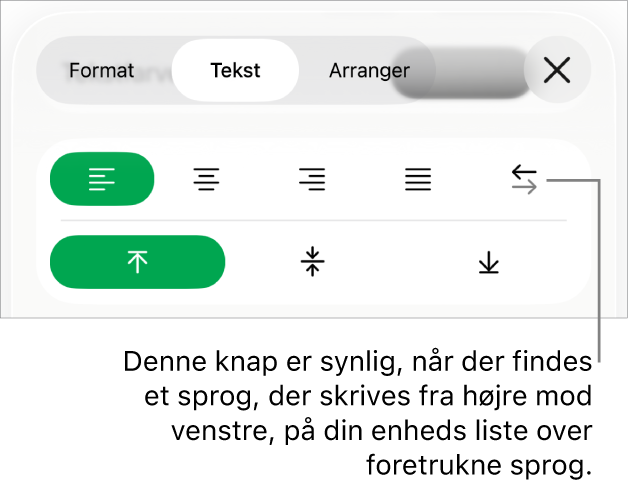 En del af formatmulighederne på menuen Format med billedforklaring til knappen Højre mod venstre.