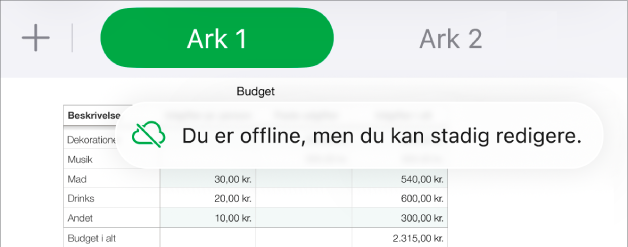 Knapperne øverst på skærmen, hvor knappen Samarbejde er ændret til en sky med en skrå streg over. En besked på skærmen med teksten “Du er offline, men du kan stadig redigere”.