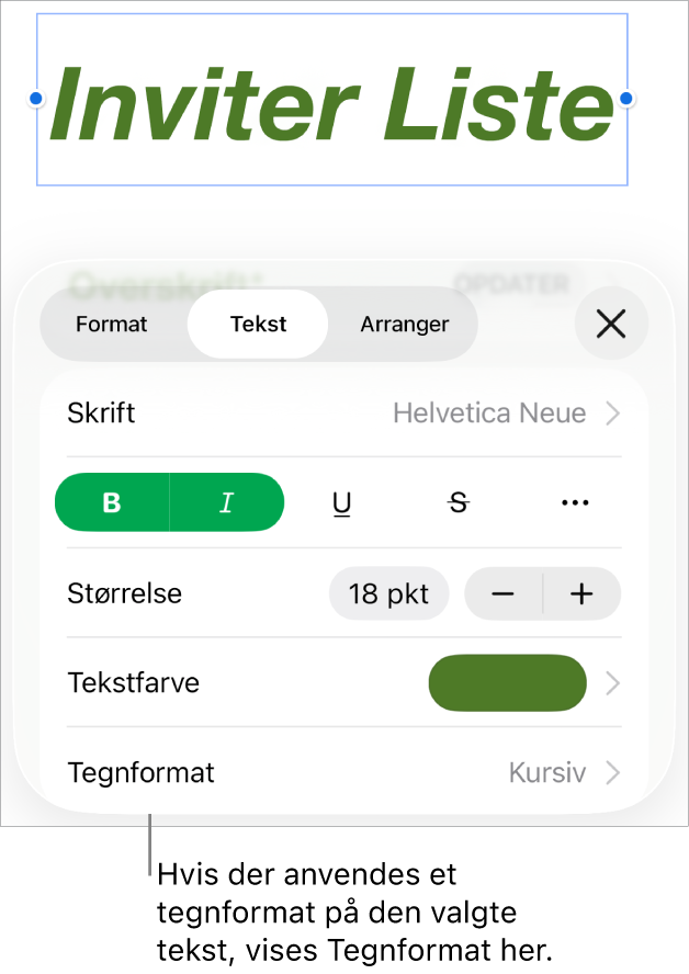 Betjeningsmulighederne til formatering af tekst med Tegnformat under betjeningsmulighederne til farve. Tegnformatet Intet vises med en stjerne.