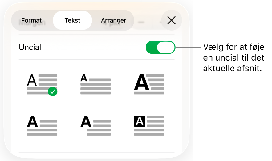 Betjeningsmulighederne til Uncial placeret i menuen Tekst.