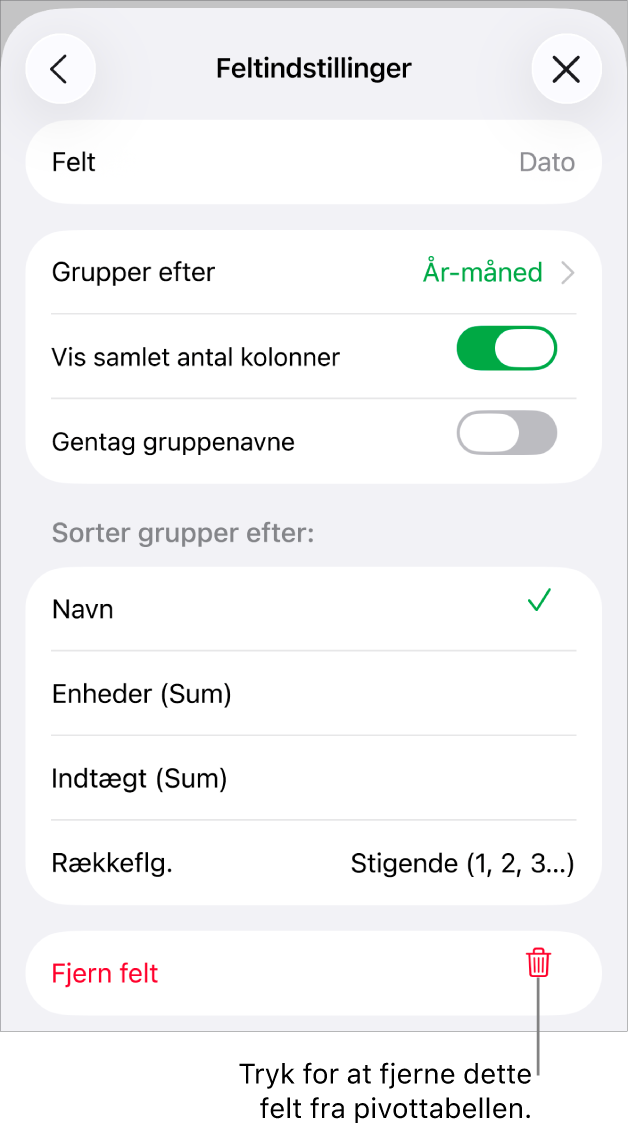 Menuen Feltindstillinger, der viser betjeningsmulighederne til at gruppere og sortere data samt muligheden for at fjerne et felt.