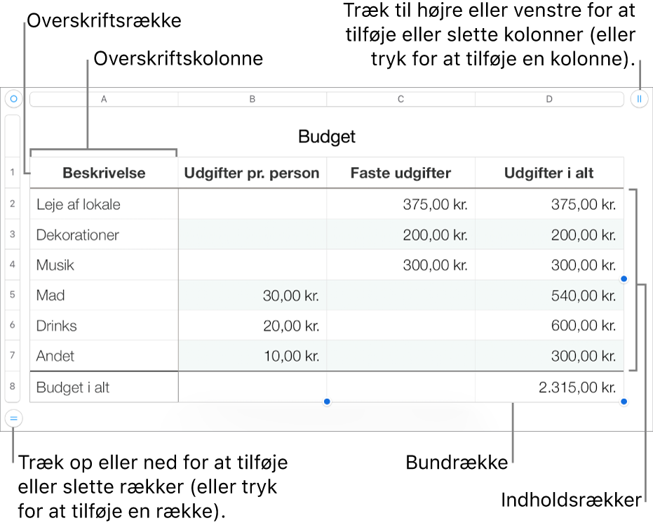 En tabel med overskrifts-, indholds- og bundrækker og -kolonner og håndtag til tilføjelse eller sletning af rækker eller kolonner.