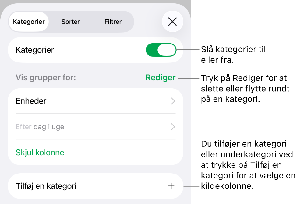 Menuen Kategorier til iPhone med muligheder for at slå kategorier fra, slette kategorier, omgruppere data, skjule en kildekolonne og tilføje kategorier.