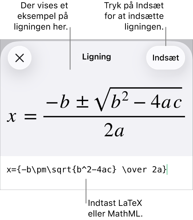 Dialogen Ligning, der viser den kvadratiske formel skrevet ved hjælp af MathML-kommandoer og derover et eksempel på formlen.