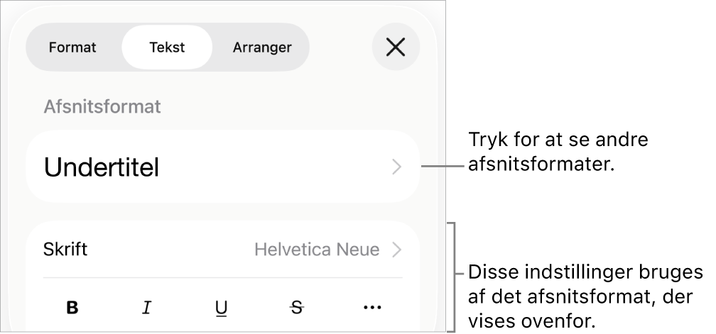 Menuen Format, der viser betjeningsmuligheder til tekst til indstilling af afsnits- og tegnformater, skrift, størrelse og farve.