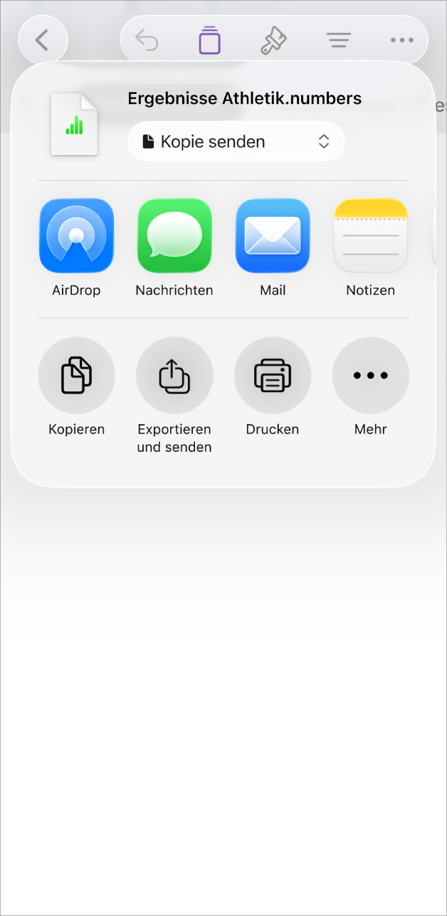 Das Numbers-Fenster mit dem Menü „Teilen“ sowie Optionen zum Senden einer Kopie der Tabellenkalkulation, zum Exportieren und Senden in einem anderen Format, zum Drucken und zum Sichern der Tabellenkalkulation in der App „Dateien“.